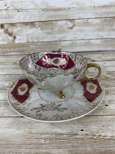 Tazza da tè e piattino vintage Lustreware Giappone con piedi oro bordeaux - Foto 5 di 15