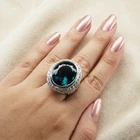 Radiant Lagoon Blue Tourmaline Oval 27.70Ct 925 Sterling Silver White Gold Rings