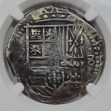 1629 Cob 8 Reales Potosi Bolivia NGC XF Great Detail Flat Top 8 Scarce *K1040
