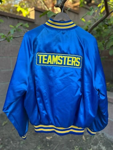 Vintage Teamsters Satin Bomber Jacket Spellout CA 896 Mens L King Louie 80s USA - product listing photo