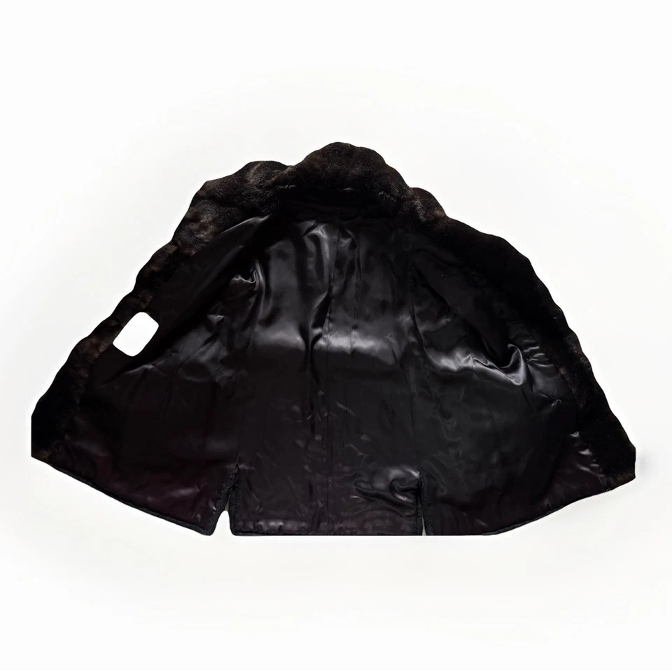 60s VINTAGE Borgana Fairmoor Faux Fur Coat Black Women's Size M Brown Trim #1101 - Image 4 of 4