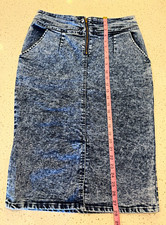 Women s Acid Wash Denim Pencil Midi Skirt High Waist Front Zip Slit Vintage 80s