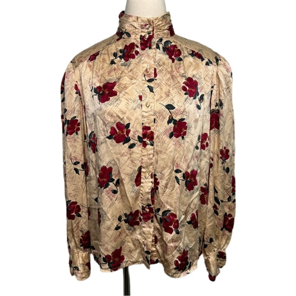 Vintage Charter Club 100% silk floral puff sleeve secretary blouse size 16 XL