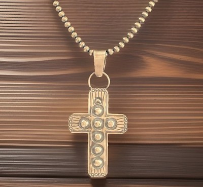 Roland Dixson Signed Sterling Stamped Cross Navajo Pearl Bead Necklace 16 +4.5 