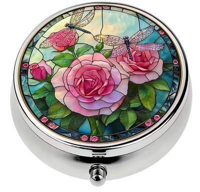 PILLENDOSE TABLETTENBOX , MEDIKAMENTENDOSE 3 FAECHER Rosen glänzend