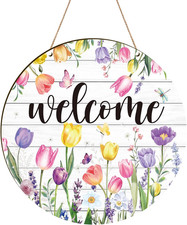 Tulips Welcome Door Sign - Spring Flower Welcome Sign for Front Door Floral Butt