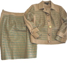 Womens Beige Green Geometric Skirt Suit Set w...