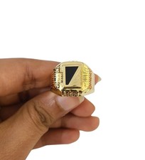 Mens 14K Gold Black Onyx Ring Triangle Signet Pinky CZ Accents Real Genuine