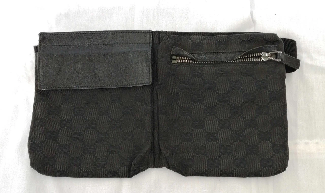 Gucci 28566 Sac Ceinture Pochette Taille Cuir Nylon Noir Vintage