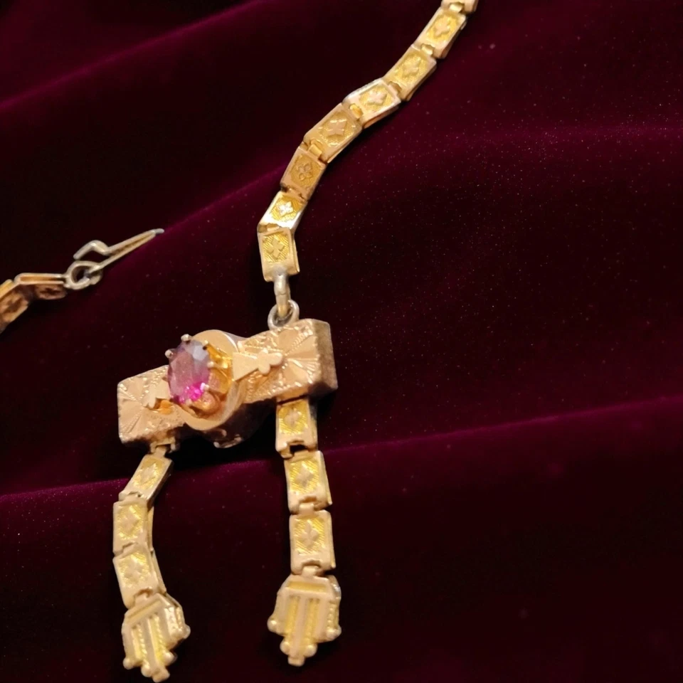 Heirloom Gold Filled Victorian Lariat Book Chain w Rarer Ruby Pendant Clasp - Image 2 of 4