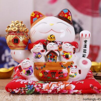 17cm Ceramic Beckoning Cat Maneki Neko Ornament Swing Luck Cat Feng Shui Decor