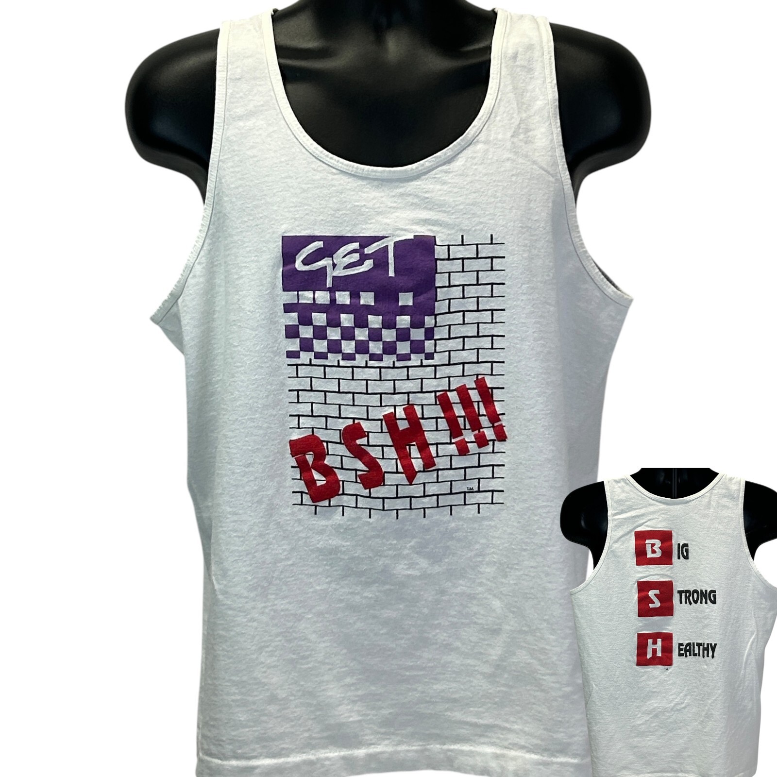 Camiseta sin mangas vintage grande fuerte saludable BSH para hombre grande gimnasio entrenamiento camiseta años 90 blanca