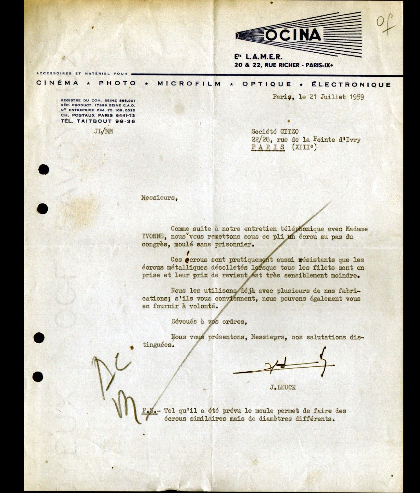PARIS (IX°) FOTO KINO "OCINA / Ets L.A.M.E.R. / J. LEUCK " Brief 1959