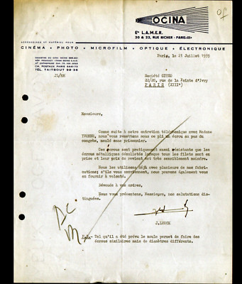PARIS (IX°) PHOTO CINEMA ''OCINA / Ets L.A.M.E.R. / J. LEUCK'' Letter in 1959
