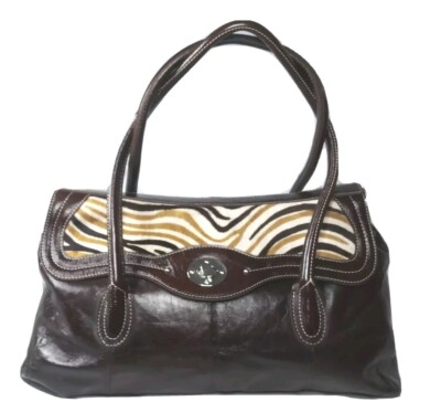 Sofia C Italian Leather Shoulder Tote Large Handbag Brown & Cream