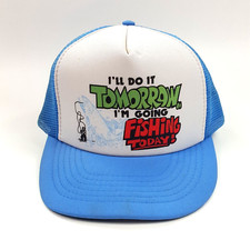 Vintage 80s Fishing Funny Fish Do It Tomorrow Foam Mesh Trucker Hat Snapback Cap