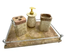 Solid Marble Bathroom Accessory SET MCM Tray Soap Disp Toothbrush Cup VTG 4 Pc.