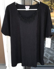 Vintage Lauren Lee 20W/40 Black Crepe Top Embroidered Neck New Made in USA A12