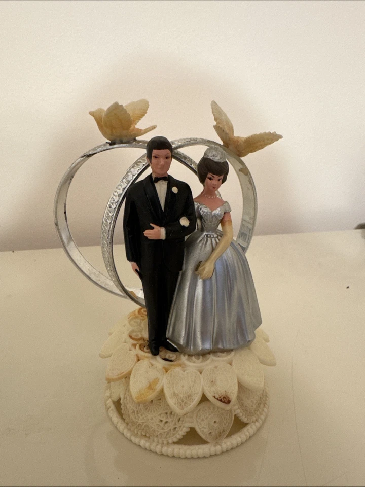 VTG 1970s Silver Rings 5" Bride & Groom Wedding Cake Topper By Wilton As is * - Image 2 of 4