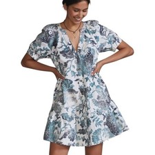 Anthropologie Pilcro Linen Blend Teal White Boho Floral Dress M NWOT