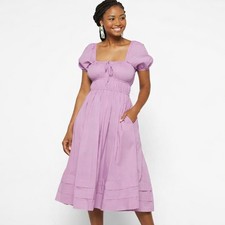 1.State Ruched Puff Sleeve Midi Dress Pink Purple Cottagecore L Cotton