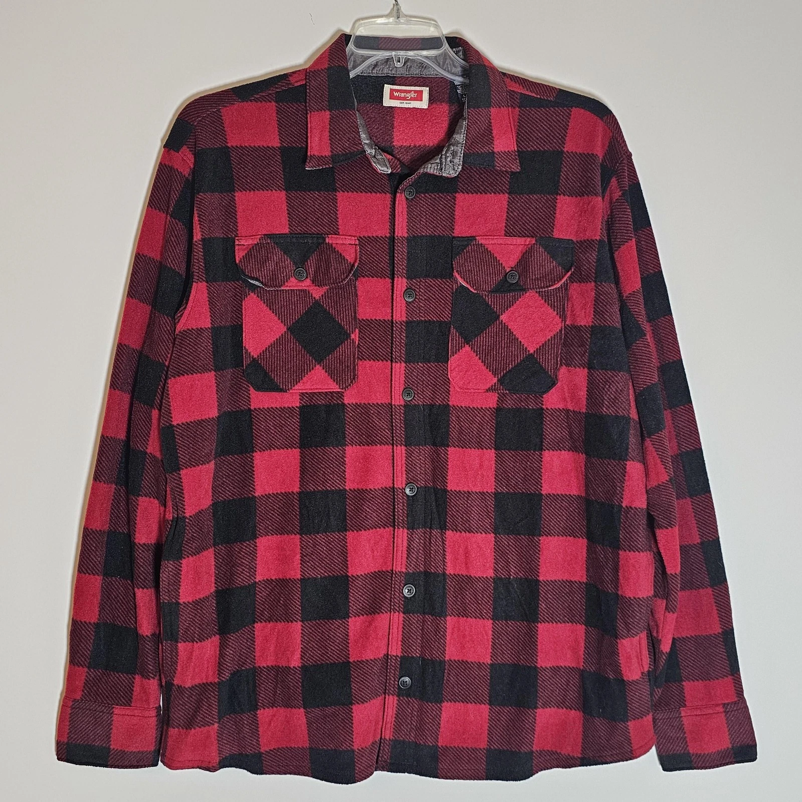 Wrangler Shirt Mens Large Red Black Plaid Flannel Fleece Lined Buffalo Outdoor