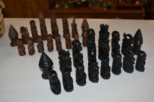 Hand Crafted Carved Wooden African Malawi Chess Set Dark Ebony ? & Teak ? Wood