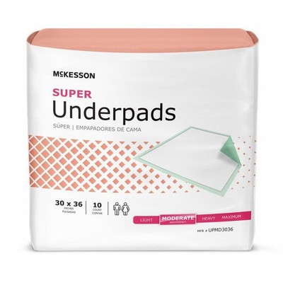McKesson Super Underpads Disposable 30x36 In Green Moderate Absorbency, 100 Ct