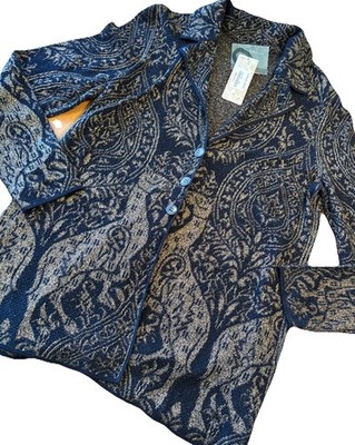 56 NWT Peruvian Connection Navy Gold Folkloric Bergamo Cardigan Sweater L $289