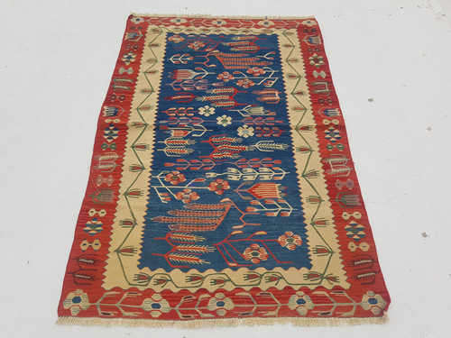 Distressed Vintage Traditional Handmade Oriental Wool Blue Kilim 5.6x3.9ft