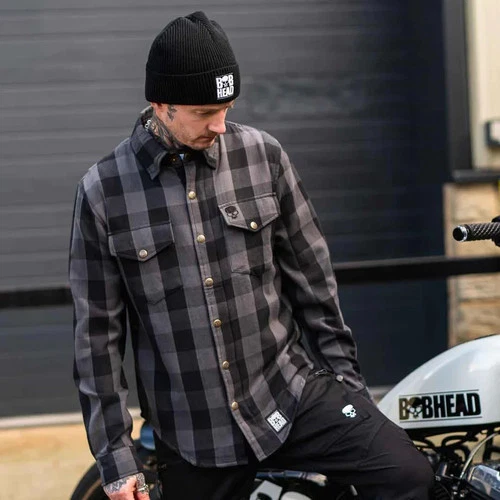 BOBHEAD 50 Casual Shirt Grey Black Checked Biker Cotton YKK Zip