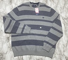 CHAPS Sweater Mens Size 2XL Gray Navy Striped Embroidered Logo NWT
