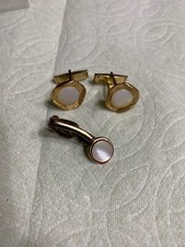 Vintage Gold Tone MOP Cufflinks & Tie Bar Set  Men's Jewelry MT-18
