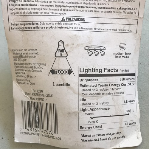 6- GE 40w Indoor Floodlight PAR16 Bulbs 350 Lumen Sku#47576 - Picture 3 of 4