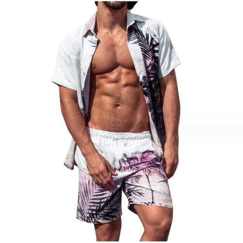 Hawaiian Mens Set Short Sleeved Shirt+Shorts Summer Casual Beach Two-Piece Set - Picture 9 of 21
