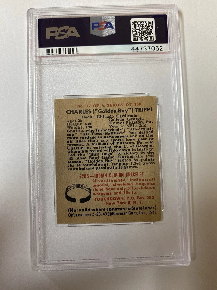 1948 Bowman #17 Charley Trippi Signed HOF Rookie Card PSA 3 Auto 9 Cardinals - Image 2 of 2