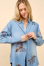 Embroidered Western Cowgirl Tencil Denim Shirt Blouse - Blue B
