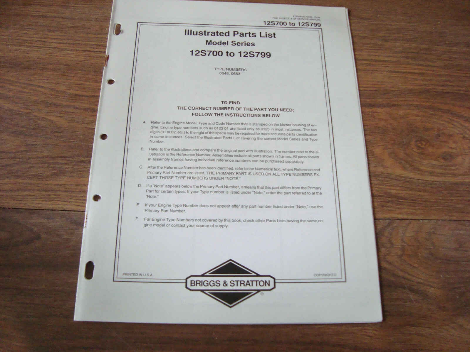 Briggs & Stratton Illustrated Parts List 12S700 to 12S799 MS-0632-10/94 PWI