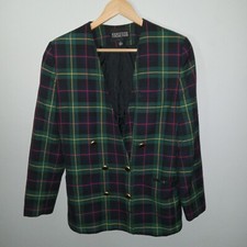 Vintage 90s Blazer Size 10 Navy Green Plaid Tartan Double Breasted Shoulder Pads
