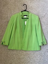 City Girl Nancy Bolen Open Front Kiwi Green Blazer Floral Accents Shell 100% Sil