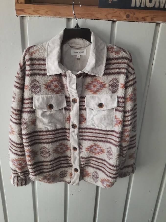 Pink Rose Aztec Button Front Fleece jacket NWT M | eBay