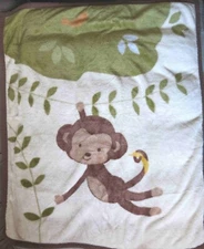 Cocalo Monkey Banana Swinging Thick Plush Baby Blanket Green Brown EUC
