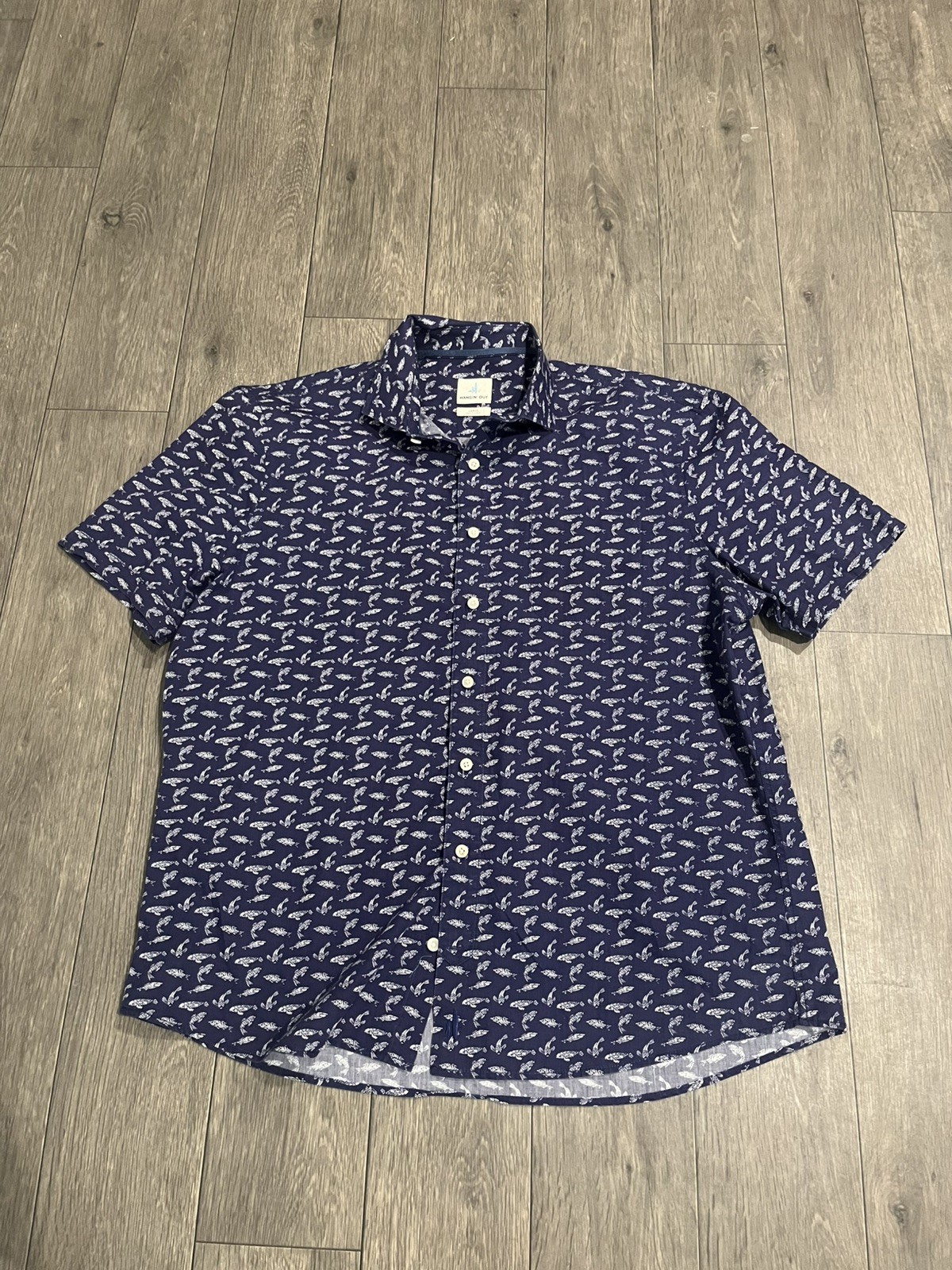 Johnnie-O Hangin' Out Button Down Shirt Size Large AOP Fish Short Sleeve Blue