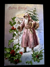 Long Robe Santa Claus in Snow with Tree~1907 ~Embossed Christmas Postcard~r865