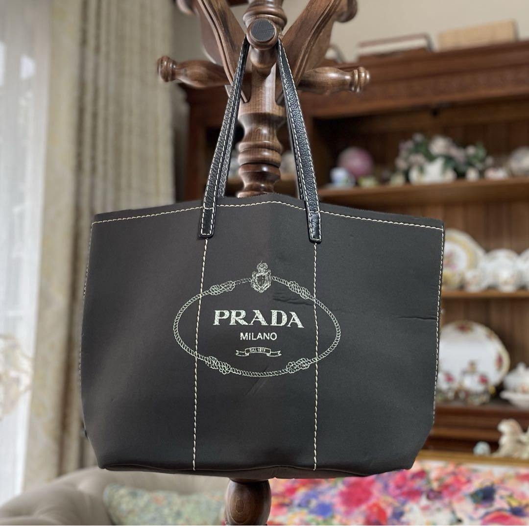 PRADA Logo Plate Tote Bag in Charcoal Beige Imported from Japan