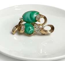 Vintage TRIFARI Green Cabachon and Clear Rhinestone Brooch