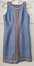 Talbots Dress Linen Blend Womens Size 2P Sleeveless Chambray Embroidered Lined