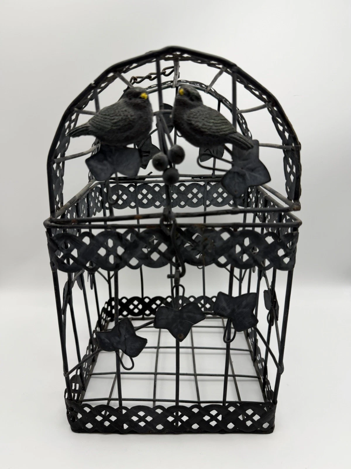 Vintage Metal Bird Cage 13” Hanging Decor Ivy Leaf Birds Rustic Farmhouse Black