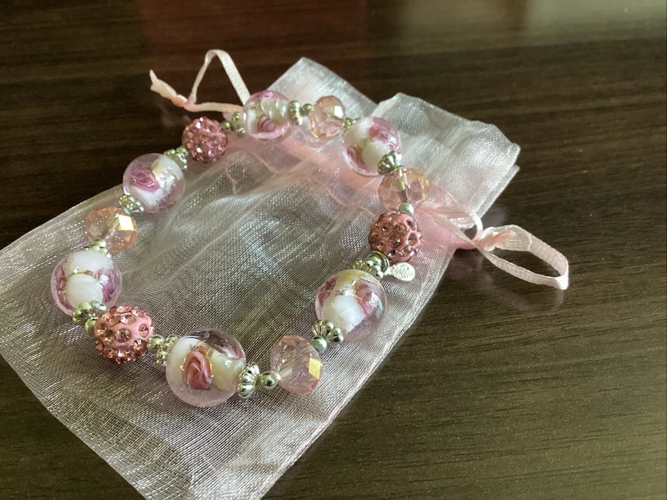 Kirks Folly Pink Crystals & Rose Beads Stretch Bracelet Stunning - Image 2 of 4