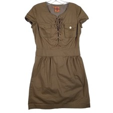 Tory Burch Lace Up Grommet Utility Dress Khaki Tan Cotton Stretch Size 6